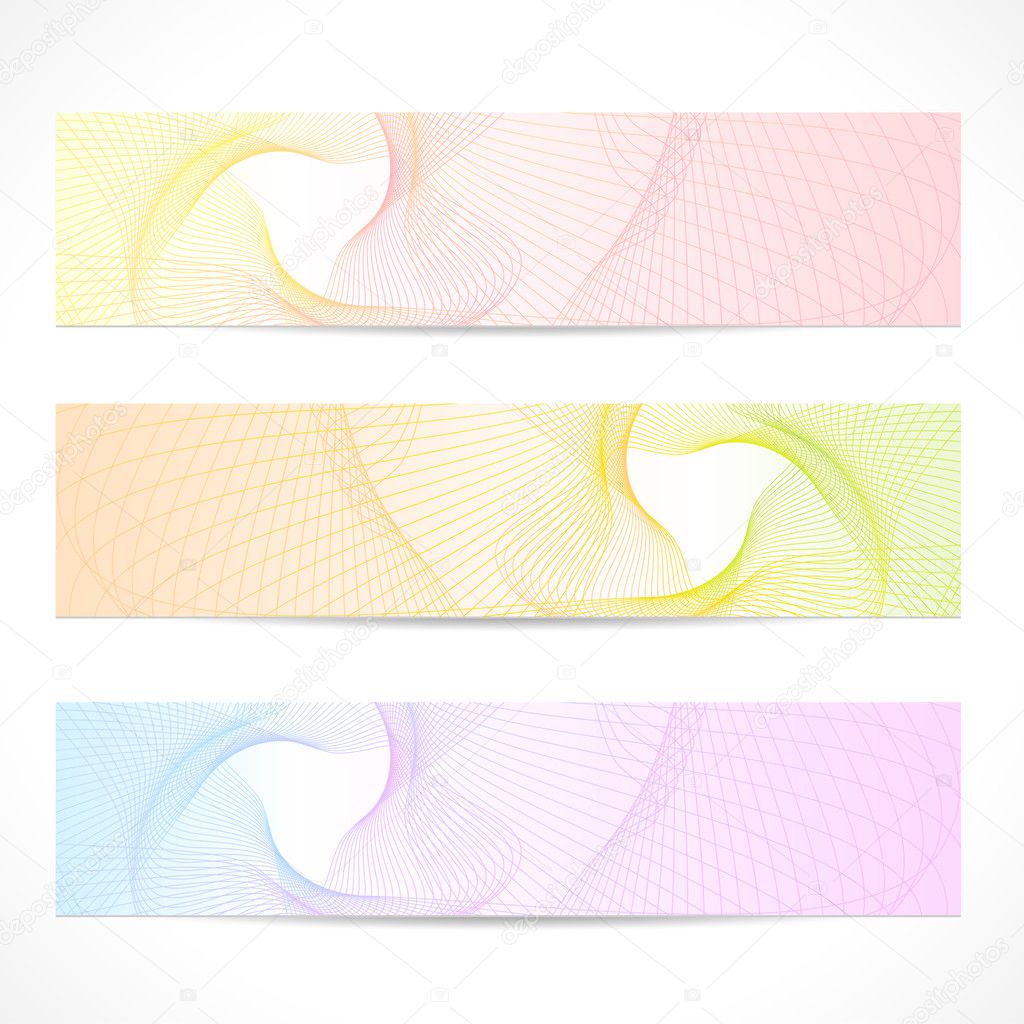 Vector set: Horizontal colorful Banners. Abstract background with curve pattern (line, guilloche, wave tracery). Contemporary graphic design for website (web header layout) information, ticket, coupon