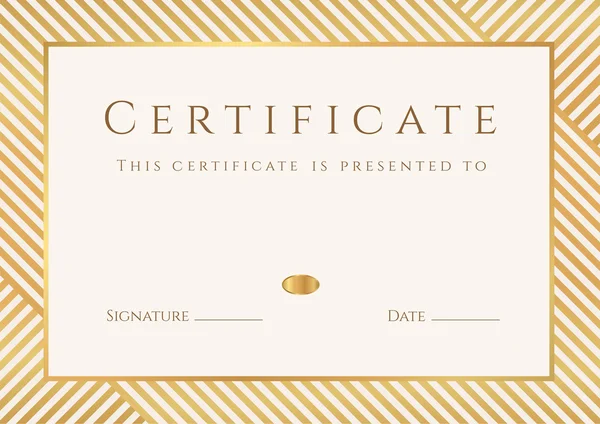 Certificaat, diploma van voltooiing (sjabloon, achtergrond) met gouden gestreept (lijnen) patroon, frame. certificaat van voltooiing, awards, winnaar, graad certificaat, bedrijfsinformatie (cursussen), lessen — Stockvector