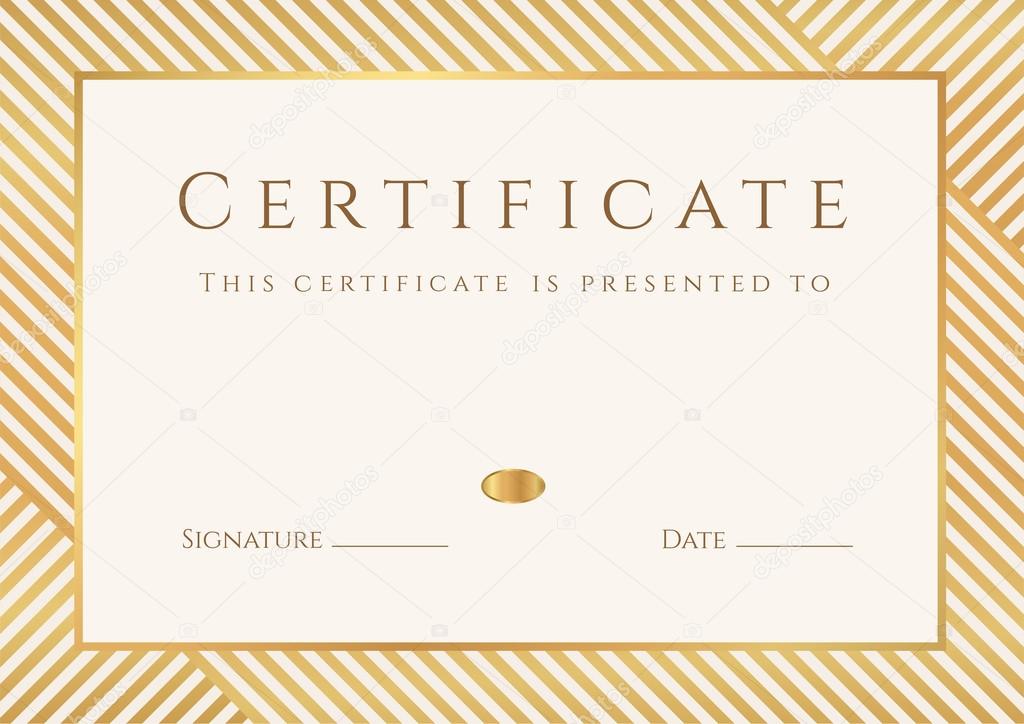 Certificate, Diploma of completion (template, background) with gold stripy (lines) pattern, frame. Certificate of Achievement, awards, winner, degree certificate, business Education (Courses), lessons