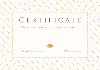 Sertifika, diploma tamamlanma (şablon, arka plan). Altın çizgili (nokta) desen, beyaz çerçeve. Başarı Ödülü kazanan diploma sertifika İşletme Eğitimi (ders), dersler belgesi