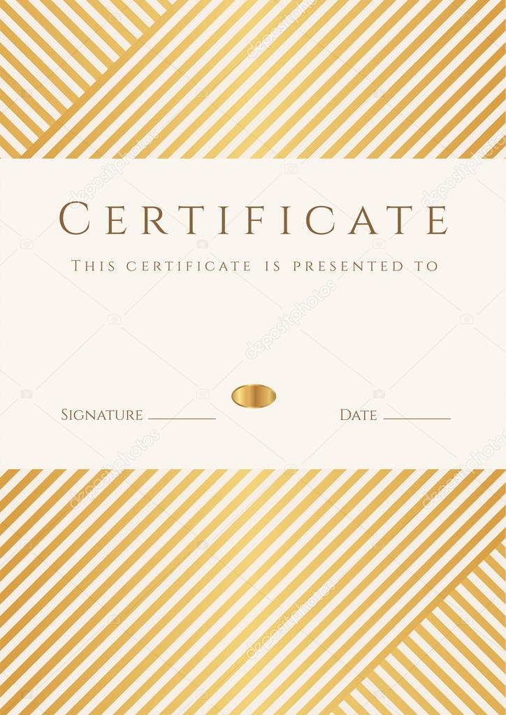 Certificate, Diploma of completion (template, background) with gold stripy (lines) pattern, frame. Certificate of Achievement, awards, winner, degree certificate, business Education (Courses), lessons