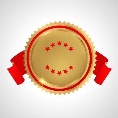 Award, Insignia, Badge for certificate, diploma, web page. Golden medal with red ribbons (sign of winner). Prize of First. Premium quality, Best price, choice, guarantee, Best seller. Isolated vector clipart