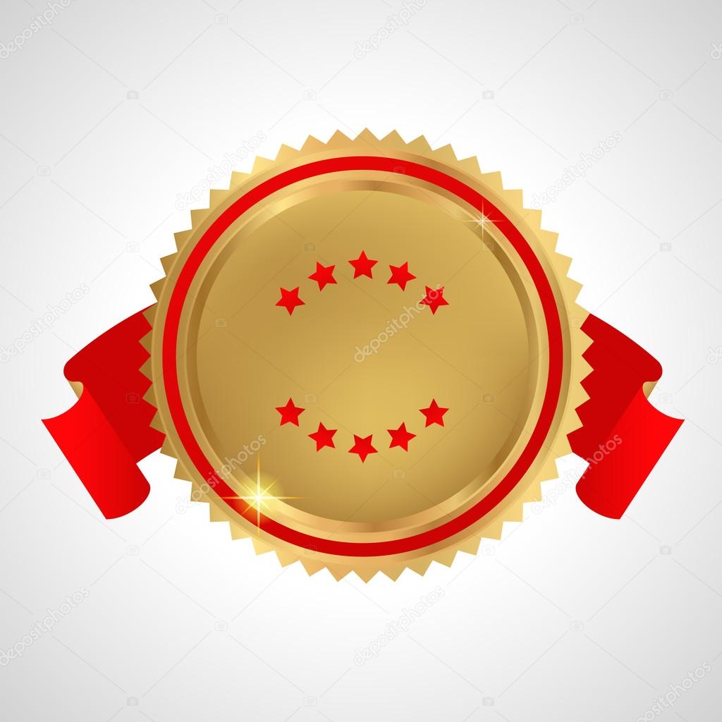 Award, Insignia, Badge for certificate, diploma, web page. Golden medal with red ribbons (sign of winner). Prize of First. Premium quality, Best price, choice, guarantee, Best seller. Isolated vector