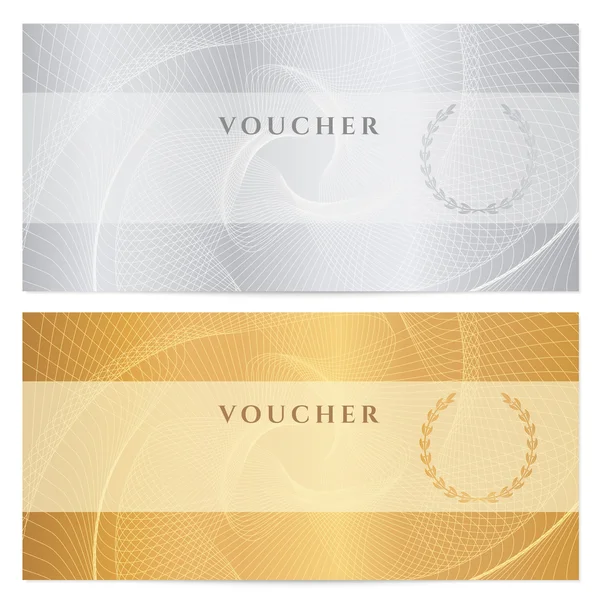 Gutschein, Gutschein, Gutschein, Ticketvorlage. Guilloché-Muster (Wasserzeichen, Spirograph). Hintergrund für Banknote, Gelddesign, Währung, Banknote, Scheck (Scheck), Ticket. Gold, Silber Vektor — Stockvektor