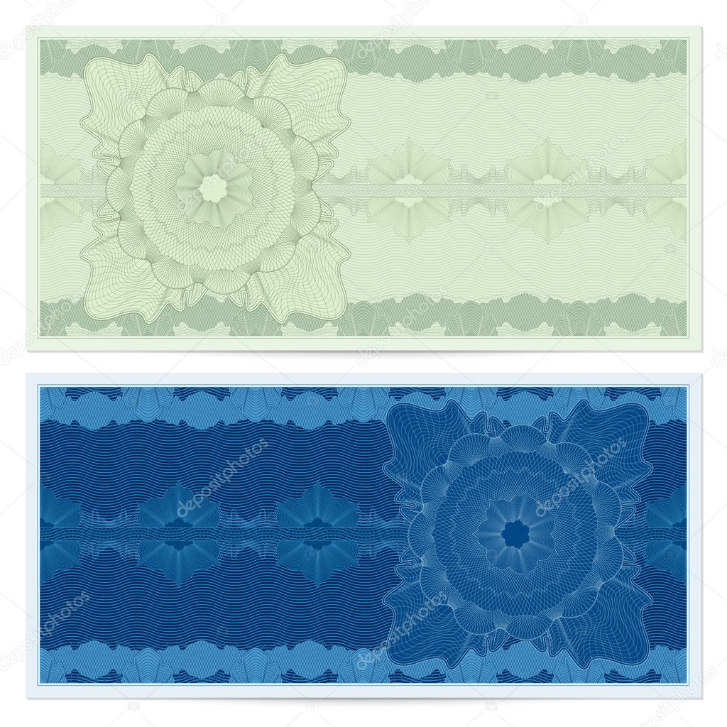 Voucher, Gift certificate, Coupon, ticket template. Guilloche pattern (watermark, spirograph). Background for banknote, money design, currency, bank note, check (cheque), ticket. Green, blue vector