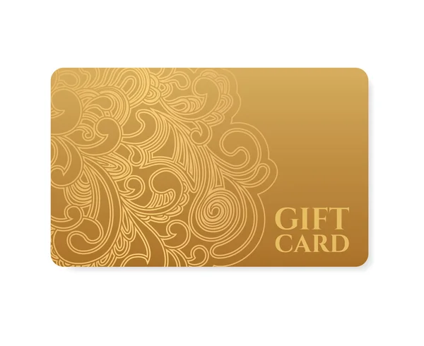 Gift coupon, gift card (discount card, business card) with floral (scroll, swirl) gold swirl pattern (tracery). Background design for calling card, voucher, invitation, ticket etc. Vector — Stockvector