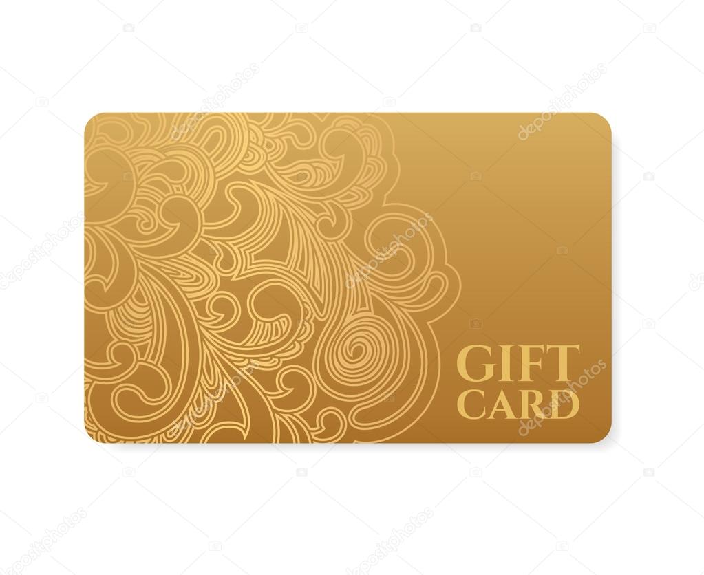 Gift coupon, gift card (discount card, business card) with floral (scroll, swirl) gold swirl pattern (tracery). Background design for calling card, voucher, invitation, ticket etc. Vector
