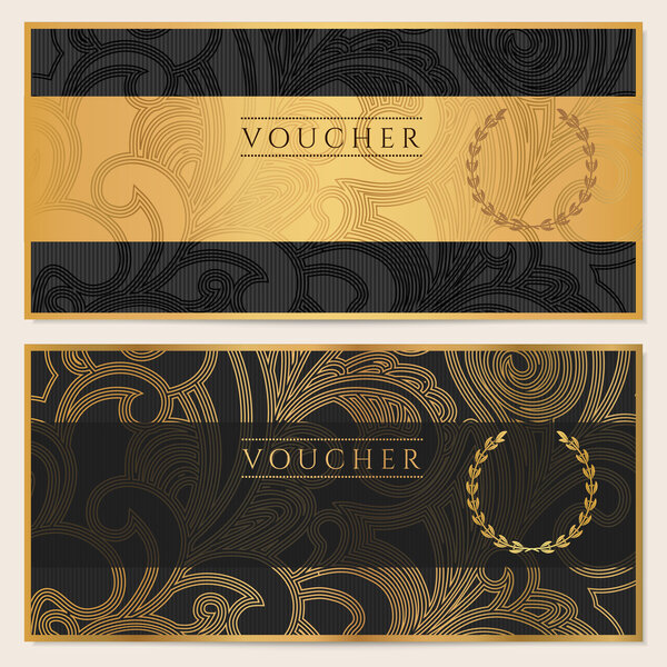 Voucher, Gift certificate, Coupon template. Floral, scroll pattern (bow, frame). Background design for invitation, ticket, banknote, money design, currency, check (cheque). Black, gold vector