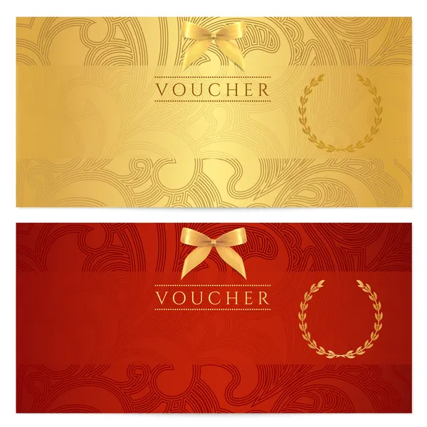 Voucher, Certificado de presente, Modelo de cupom. Floral, padrão de rolagem (arco, quadro). Concepção de fundo para convite, bilhete, nota, desenho monetário, moeda, cheque (cheque). Vermelho, vetor de ouro Ilustrações De Bancos De Imagens Sem Royalties