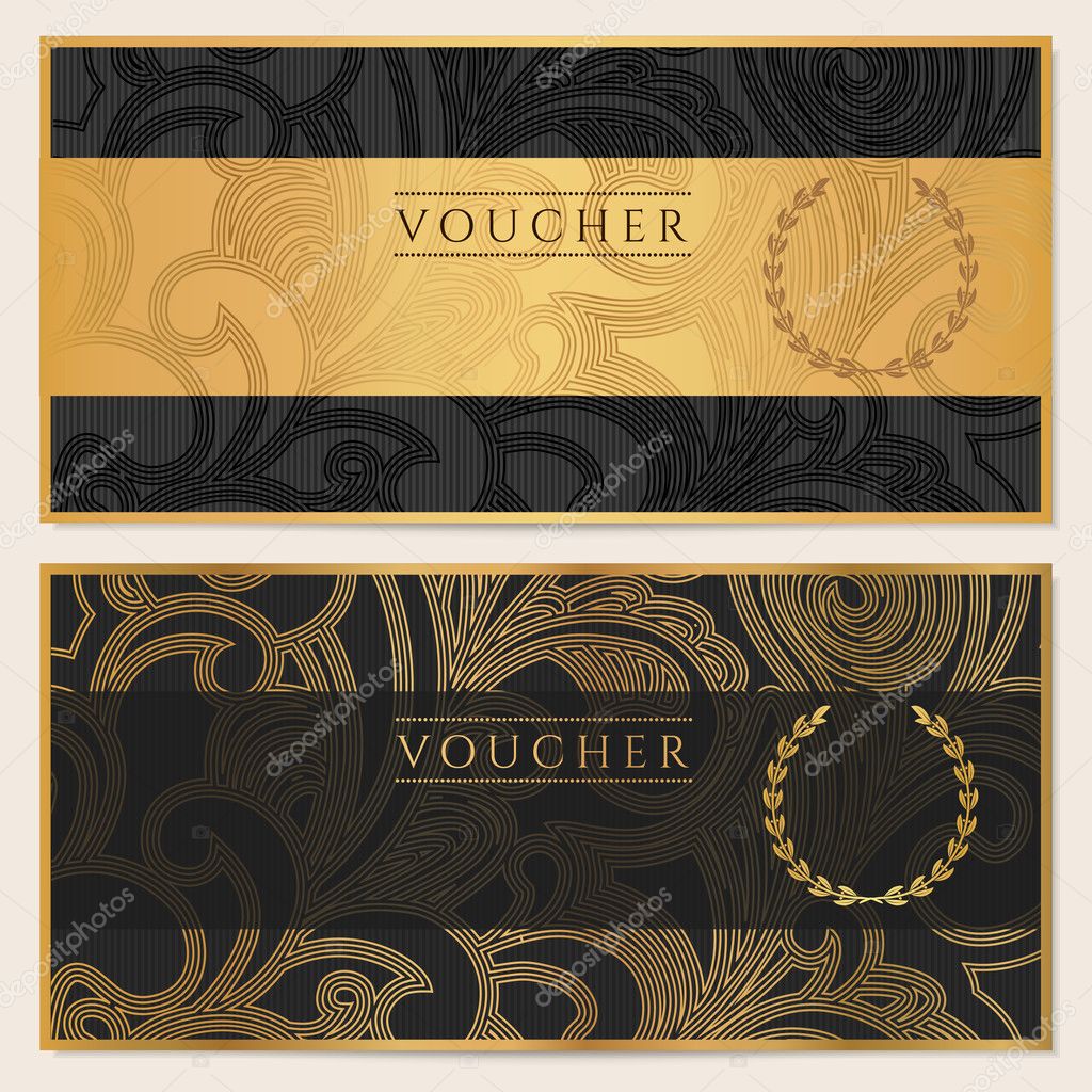 Voucher, Gift certificate, Coupon template. Floral, scroll pattern (bow, frame). Background design for invitation, ticket, banknote, money design, currency, check (cheque). Black, gold vector