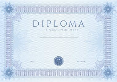 Certificate, Diploma of completion (design template, background) with guilloche pattern (watermark, rosette), border, frame. Blue Certificate of Achievement, coupon, awards, winner clipart