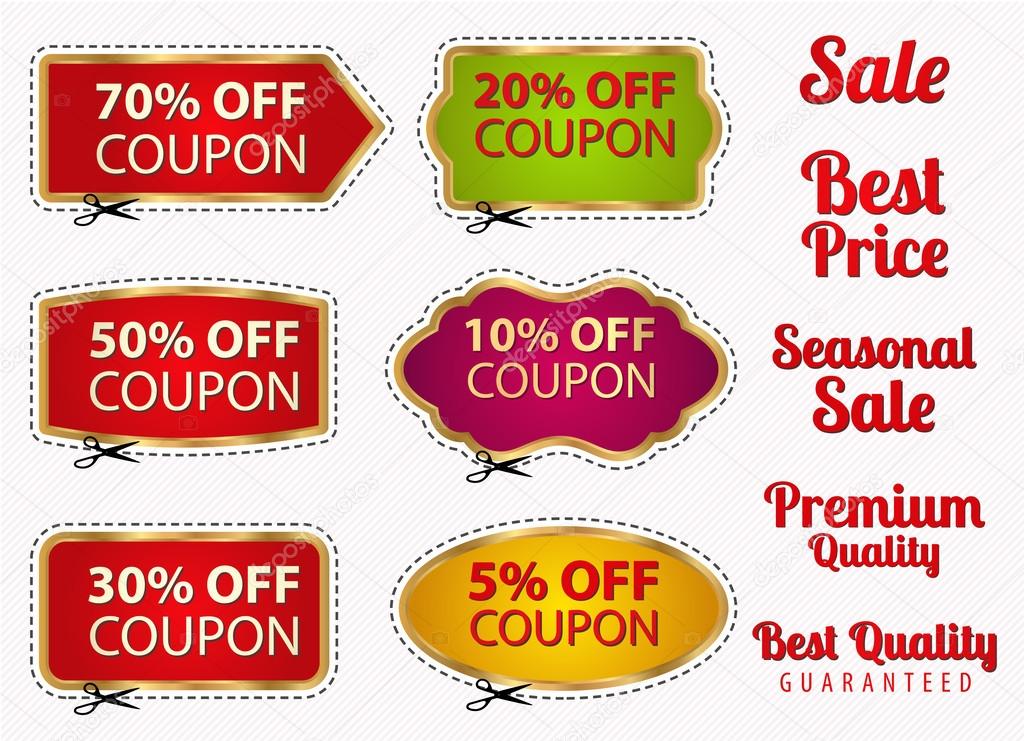 Vector set: Sale Coupons, labels (banner, tag) template (layout) with gold frame, dotted line (dash line), cutting scissors (cut off). Design for sticker, web ad, ticket etc. Corrugated background
