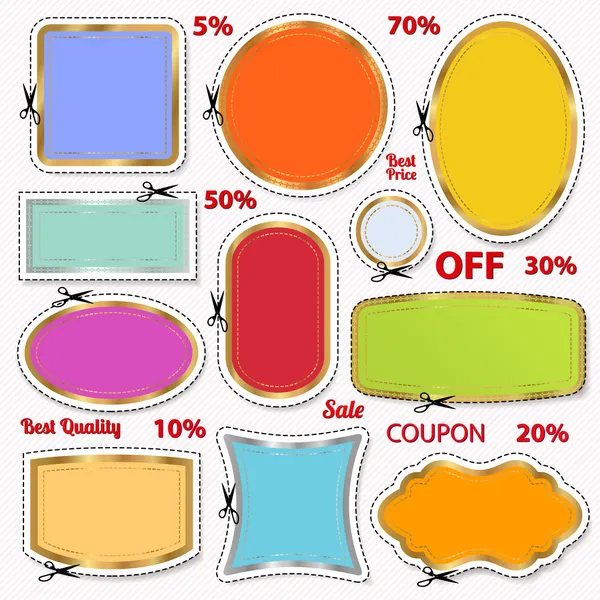 Set: Sale Coupon, labels (banner, tag) white template (vector design, layout) with blank frame, dotted line (dash line), red percent, scissors (cut off, cutting). Design save money, get discount — Stock Vector