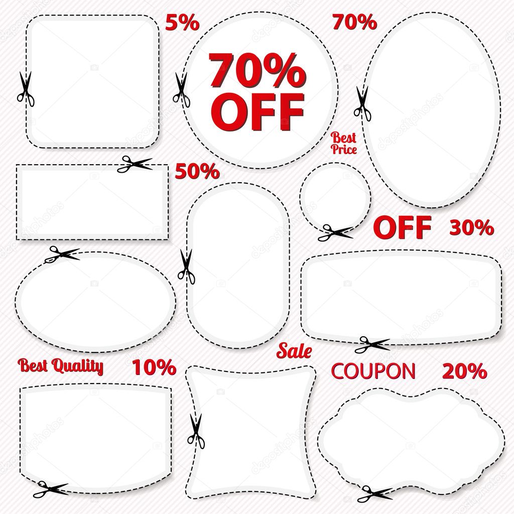 Set: Sale Coupon, labels (banner, tag) white template (vector design, layout) with blank frame, dotted line (dash line), red percent, scissors (cut off, cutting). Design save money, get discount