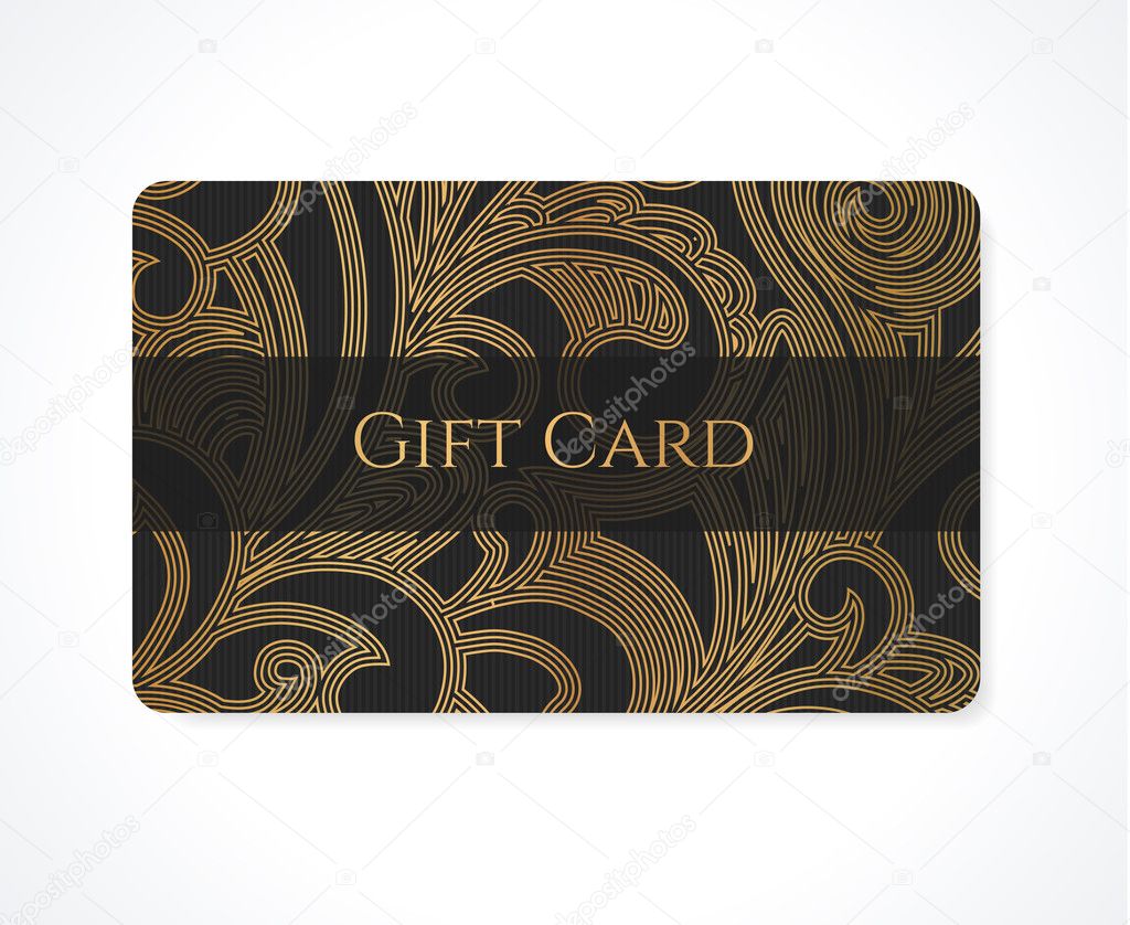Gift card (discount card, business card, Gift coupon, calling card) with gold floral (scroll), swirl pattern (tracery). Black background design for calling card, voucher, invitation, ticket. Vector