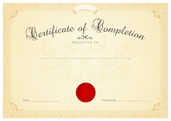 Certificado, Diploma de finalización (plantilla de diseño, fondo) con patrón floral (marca de agua), borde, marco. Brown Certificado de Logro, Certificado de educación, cupón, premios, ganador — Archivo Imágenes Vectoriales