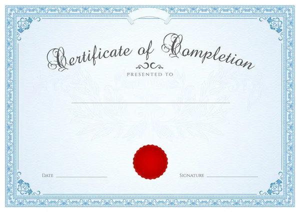 Certificate, Diploma of completion (design template, background) with floral pattern (watermark), border, frame. Blue Certificate of Achievement, Certificate of education, coupon, awards, winner