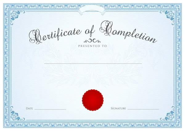 Certificado, Diploma de finalización (plantilla de diseño, fondo) con patrón floral (marca de agua), borde, marco. Certificado Azul de Logro, Certificado de educación, cupón, premios, ganador — Vector de stock