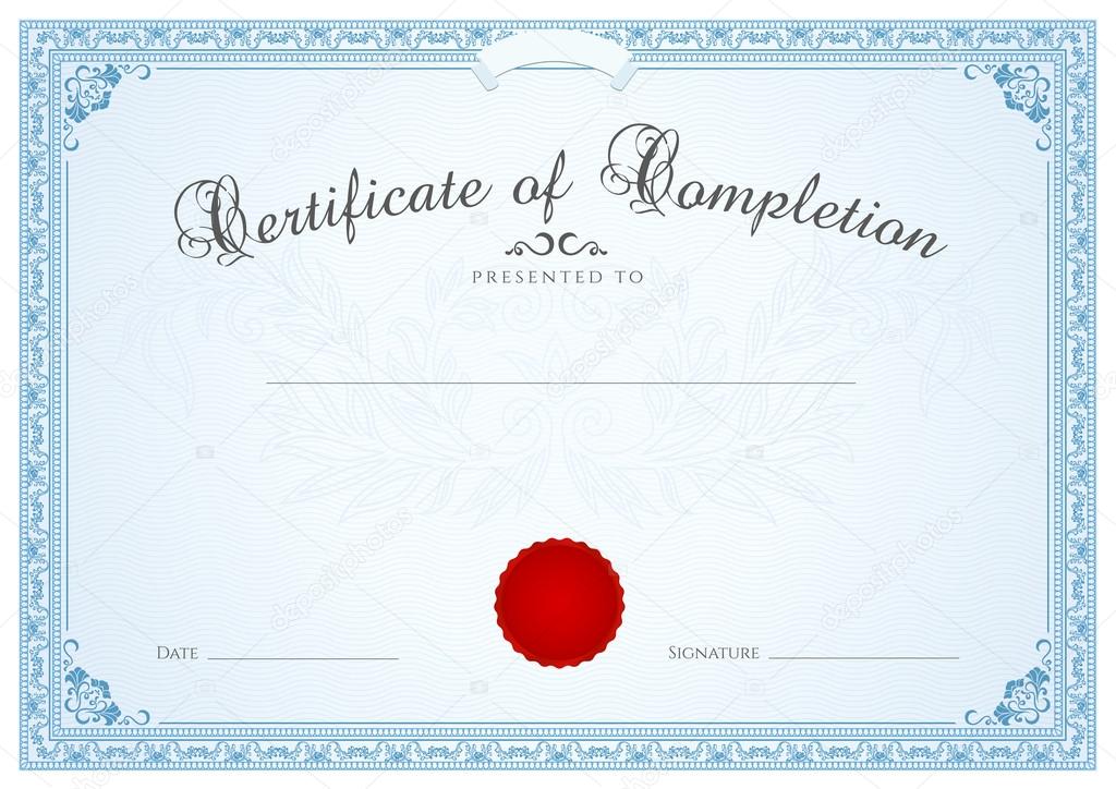 Certificate, Diploma of completion (design template, background) with floral pattern (watermark), border, frame. Blue Certificate of Achievement, Certificate of education, coupon, awards, winner