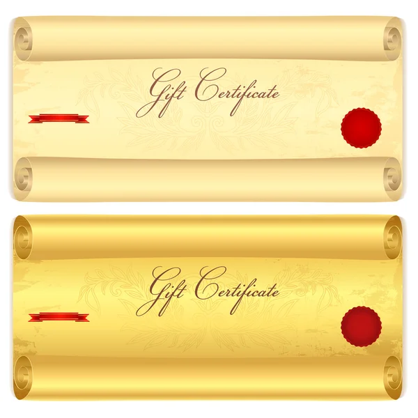 Vale de regalo, vale, cupón, plantilla. Desplácese con patrón de remolino (textura de papel viejo). Fondo vintage para papel del tesoro (rollo antiguo, volumen), cheque, billete. Vector oro — Vector de stock