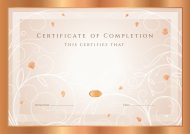 tamamlama, altın çiçek, diploma (arka plan, tasarım şablonu) sertifikası swirl desen, çiçekler (gül), çerçeve. başarı, kupon, ödül kazanan bronz sertifikası