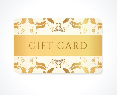 hediye kartı, hediye kuponu, (indirim kartı, kart) ile altın çiçek (kaydırma, girdap) altın girdap deseni (oyma). tatil için davet, Bilet arka plan tasarımı. vektör