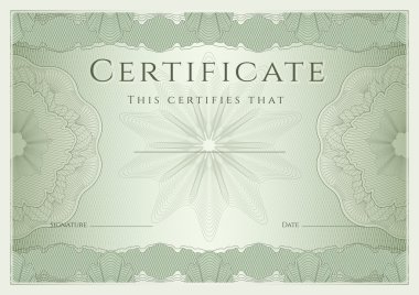 Sertifika, diploma guilloche desen (filigran), rozet, kenarlık çerçeve ile tamamlanma (arka plan, tasarım şablonu). başarı, eğitim, kupon, ödül, kazanan yeşil belgesi. vektör
