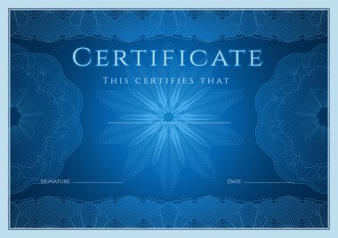 Sertifika, diploma guilloche desen (filigran), rozet, kenarlık çerçeve ile tamamlanma (arka plan, tasarım şablonu). başarı, eğitim, kupon, ödül, kazanan mavi sertifikası. vektör