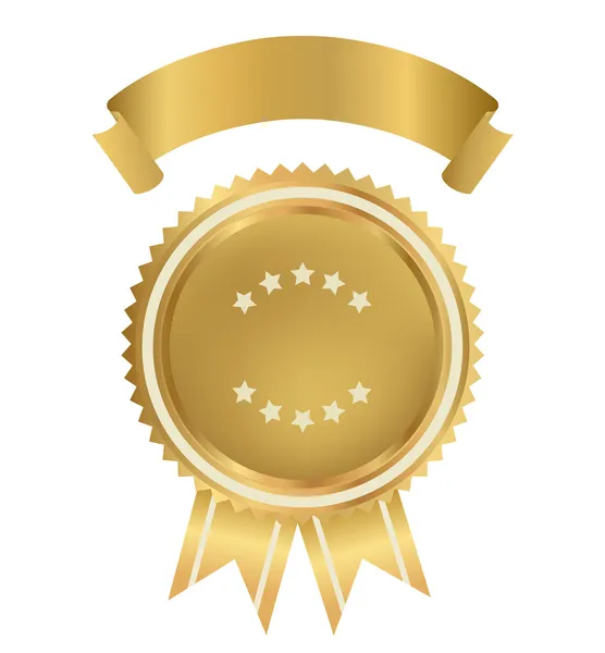 Prix, Insigne, Insigne pour certificat, diplôme, page web. Médaille d'or avec ruban d'or (signe du vainqueur). Prix du Premier. Qualité Premium, Meilleur prix, choix, garantie, Meilleur vendeur. Vecteur isolé — Image vectorielle