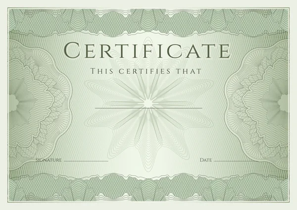 Sertifika, diploma guilloche desen (filigran), rozet, kenarlık çerçeve ile tamamlanma (arka plan, tasarım şablonu). başarı, eğitim, kupon, ödül, kazanan yeşil belgesi. vektör