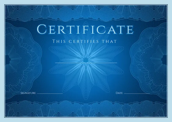 Certificate, Diploma of completion (design template, background) with guilloche pattern (watermark), rosette, border, frame. Blue Certificate of Achievement, education, coupon, award, winner. Vector
