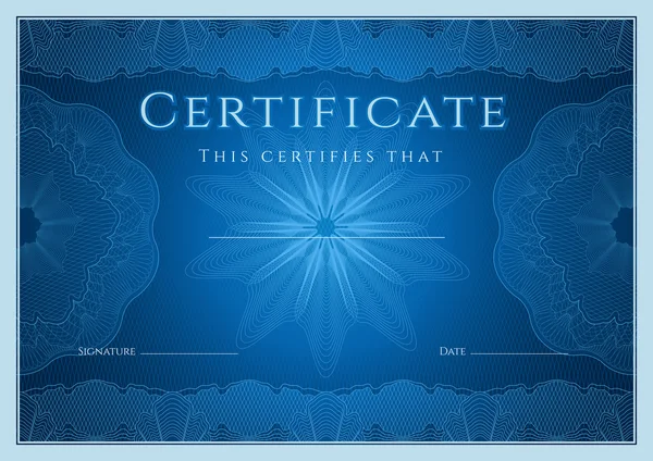 Certificat, diplôme d'achèvement (modèle de conception, fond) avec motif guilloché (filigrane), rosette, bordure, cadre. Certificat bleu de réalisation, éducation, coupon, prix, gagnant. Vecteur — Image vectorielle