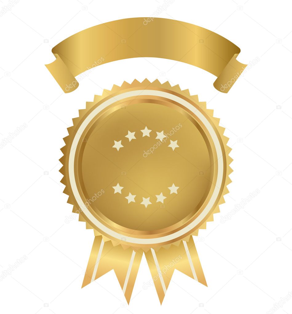 Award, Insignia, Badge for certificate, diploma, web page. Golden medal with gold ribbon (sign of winner). Prize of First. Premium quality, Best price, choice, guarantee, Best seller. Isolated vector