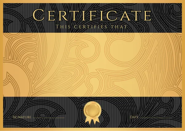 Certificado, Diploma de finalización (plantilla de diseño negro, fondo oscuro) con patrón floral, filigrana, borde de desplazamiento, marco. Certificado de oro de Logro, cupón, premio, certificado de ganador — Vector de stock