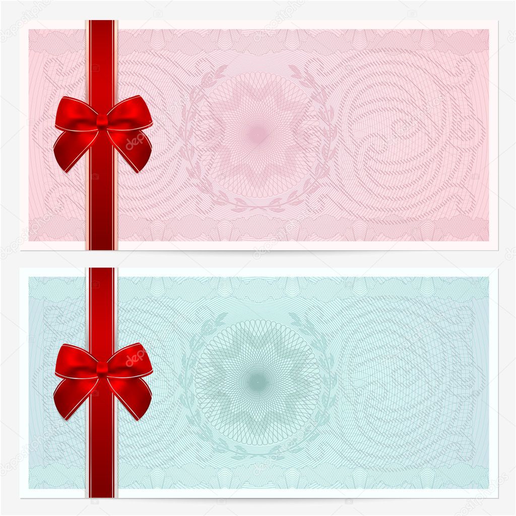 Gift certificate, Voucher, Coupon template with colorful guilloche pattern (watermark), red bow. Pink background for banknote, money design, currency, note, check (cheque), ticket, reward. Vector