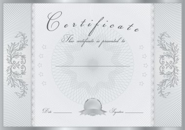 Certificate, Diploma of completion (design template, background) with guilloche pattern (watermark), scroll border, frame. Silver Certificate of Achievement, coupon, award, winner clipart