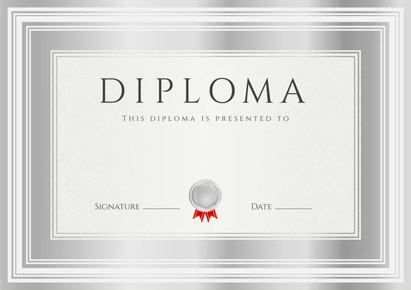 Diploma, Certificate of completion (design template, background) with silver frames, medal. Diploma of Achievement, Winner Certificate (second place), Award — Stock Vector