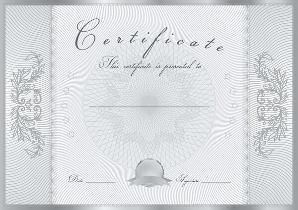 Certificate, Diploma of completion (design template, background) with guilloche pattern (watermark), scroll border, frame. Silver Certificate of Achievement, coupon, award, winner