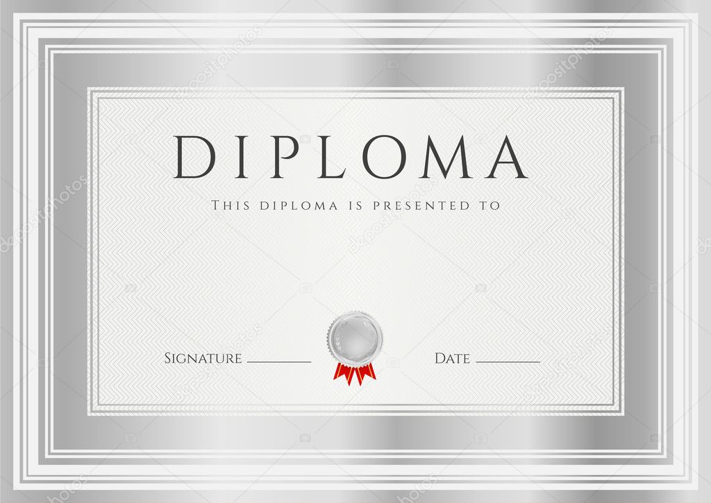 Diploma, Certificate of completion (design template, background) with silver frames, medal. Diploma of Achievement, Winner Certificate (second place), Award