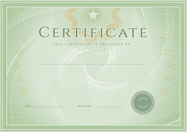 Sertifika, diploma guilloche desen (filigran), rozet, kenarlık çerçeve ile tamamlanma (arka plan, tasarım şablonu). başarı, eğitim, kupon, ödül, kazanan yeşil belgesi. vektör