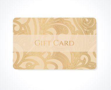 Hediye kartı (indirim kartı, kartvizit, hediye çeki, kartvizit) altın çiçekli (kaydırma), girdap desenli (iz izi). Kartvizit, fiş, davetiye, bilet için arka plan tasarımı. Vektör