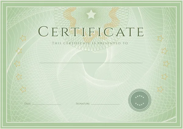 Certificado, Diploma de finalización (plantilla de diseño, fondo) con patrón guilloche (marca de agua), roseta, borde, marco. Certificado Verde de Logro, educación, cupón, premio, ganador. Vector — Vector de stock