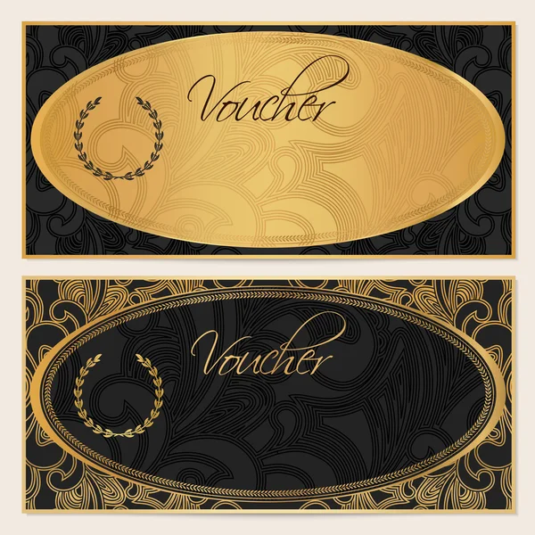 Cheque, certificado de regalo, plantilla de cupón. Floral, patrón de desplazamiento, marco de elipse de oro. Diseño de fondo negro para invitación, boleto, billete, diseño de dinero, cheque (cheque). Vector — Archivo Imágenes Vectoriales