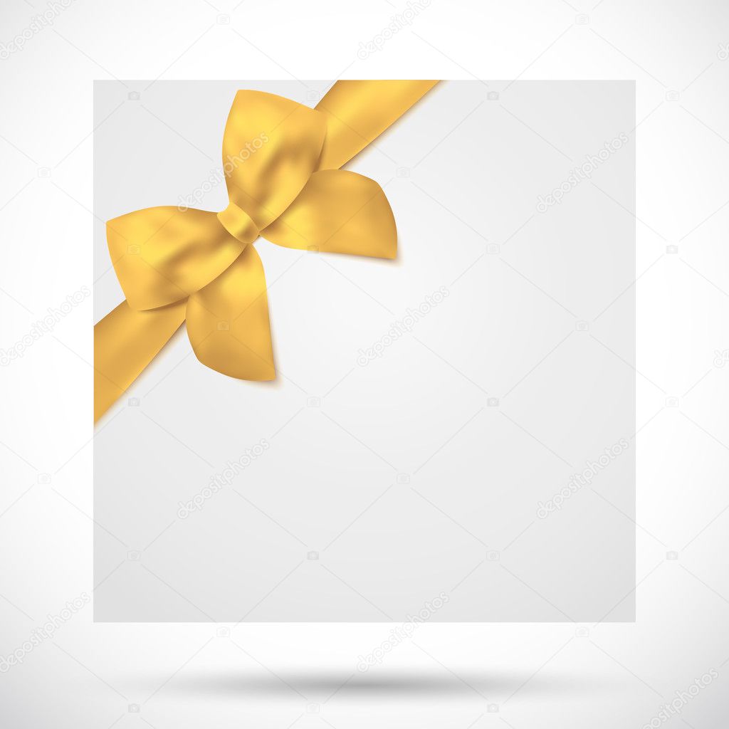Holiday card, Christmas card, Birthday card, Gift card (greeting card) template with big lush gold bow (yellow ribbons, present). Holiday (celebration) background design for invitation, banner. Vector