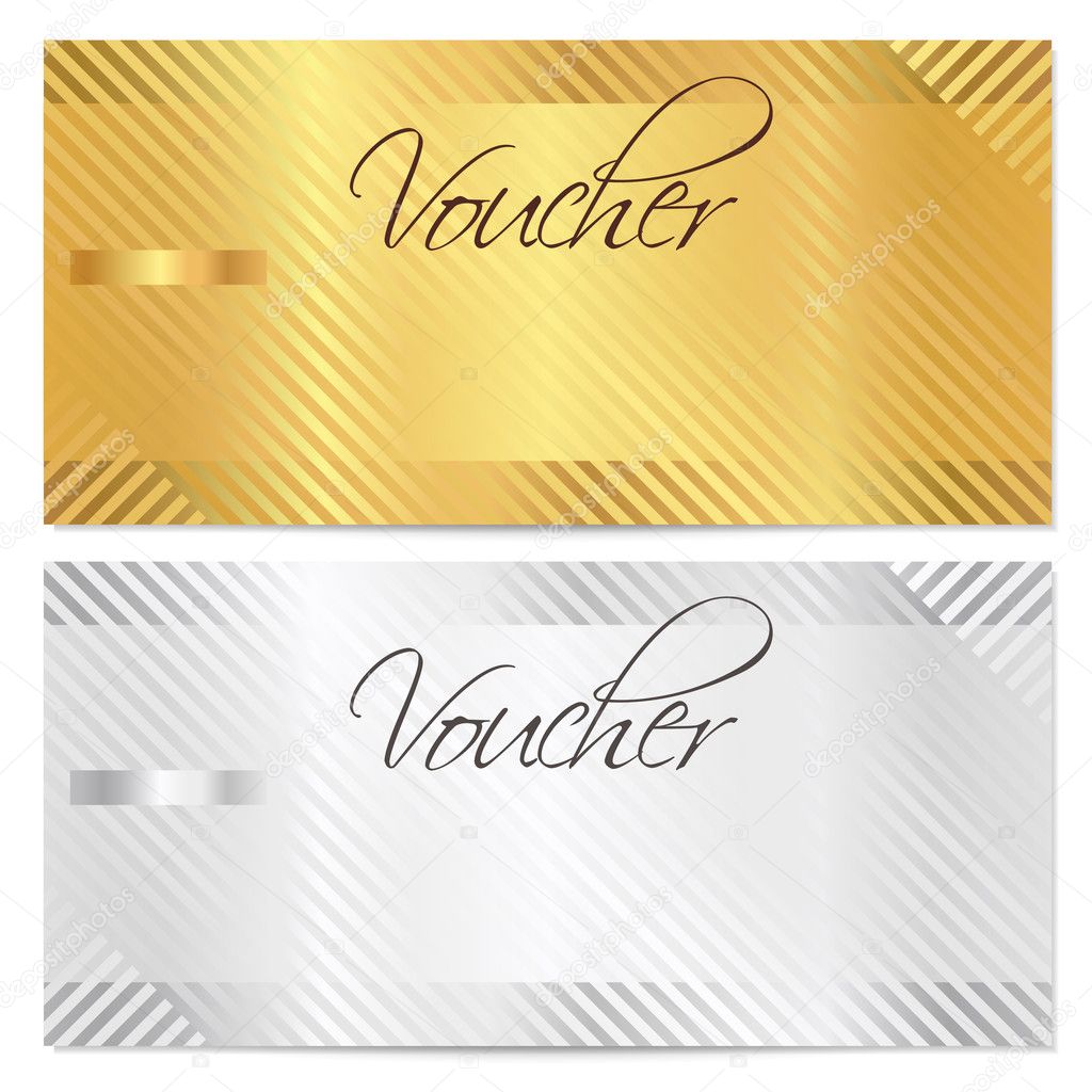 Voucher, Gift certificate, Coupon template with stripe pattern. Gold and silver background for money design, currency, note, check (cheque), ticket, reward. Vector