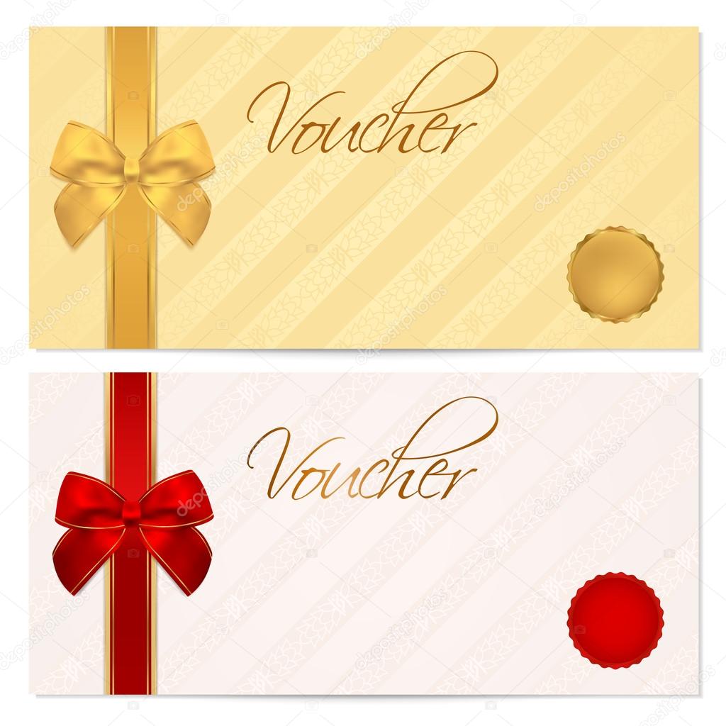 Voucher, Gift certificate, Coupon template with stripe pattern, red and gold bow. Background for invitation, money design, currency, note, check (cheque), ticket, reward. Vector