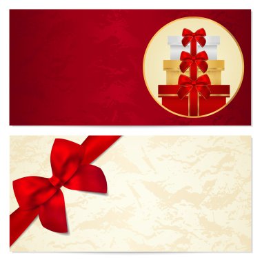 çeki, hediye çeki, kırmızı yay, hediye, hediye kutuları ile kupon şablonu. davetiye, para tasarım, para birimi, Not, onay (Çek), Bilet, ödül için arka plan. vektör