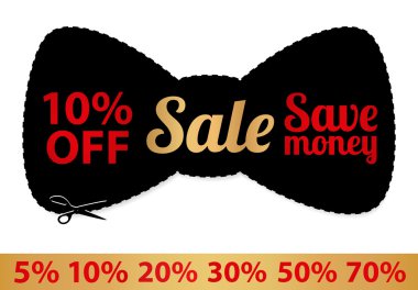 Sale Coupon, vector label (banner, tag) black template (design, layout) with bow shaped frame, dotted line (dash line), percent, scissors (cut off, cutting). Save money, get discount clipart