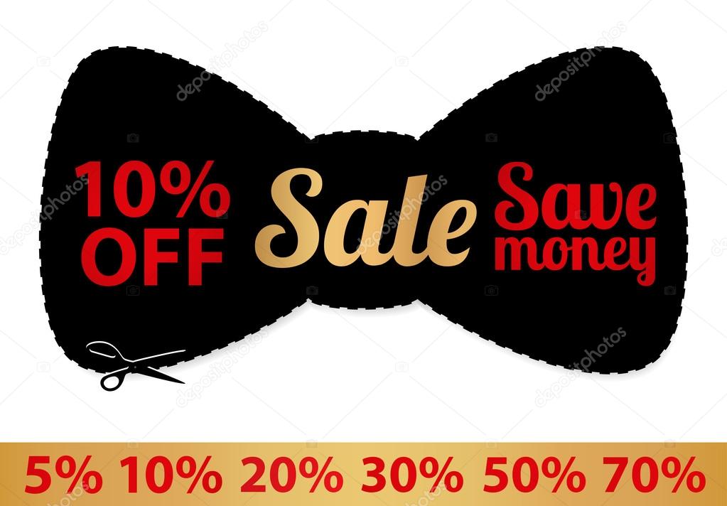 Sale Coupon, vector label (banner, tag) black template (design, layout) with bow shaped frame, dotted line (dash line), percent, scissors (cut off, cutting). Save money, get discount