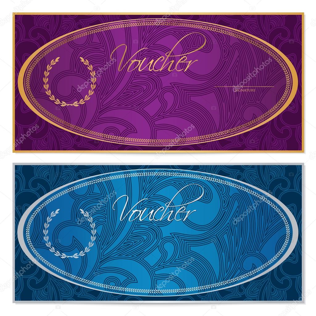 Voucher, Gift certificate, Coupon template. Floral, scroll pattern, violet ellipse frame. Blue background design for invitation, ticket, banknote, money design, check (cheque). Vector